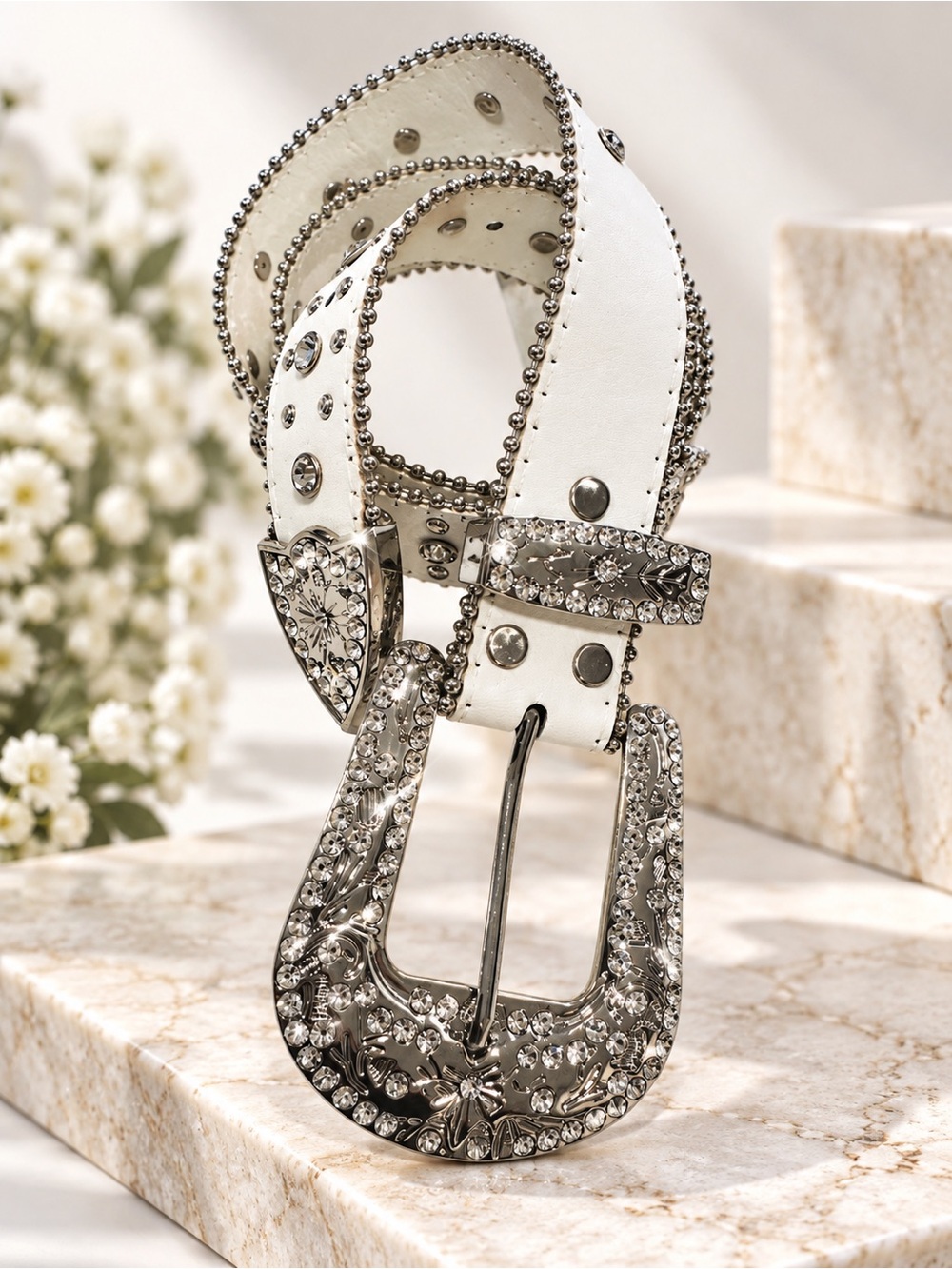 White Rhinestone Belt Studded Western Silver Buckle Cross Detail